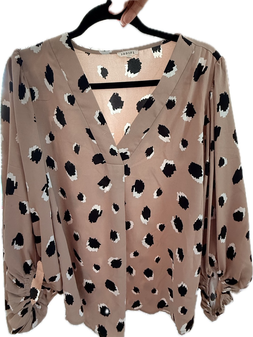 JODIFL Taupe V-Neck Blouse with Black and White Spot Print